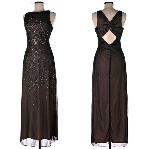 Vintage 90s LA Glo Prom Gown Black Glitter Semi Sheer Whimsygoth Dress Size M - Picture 1 of 15